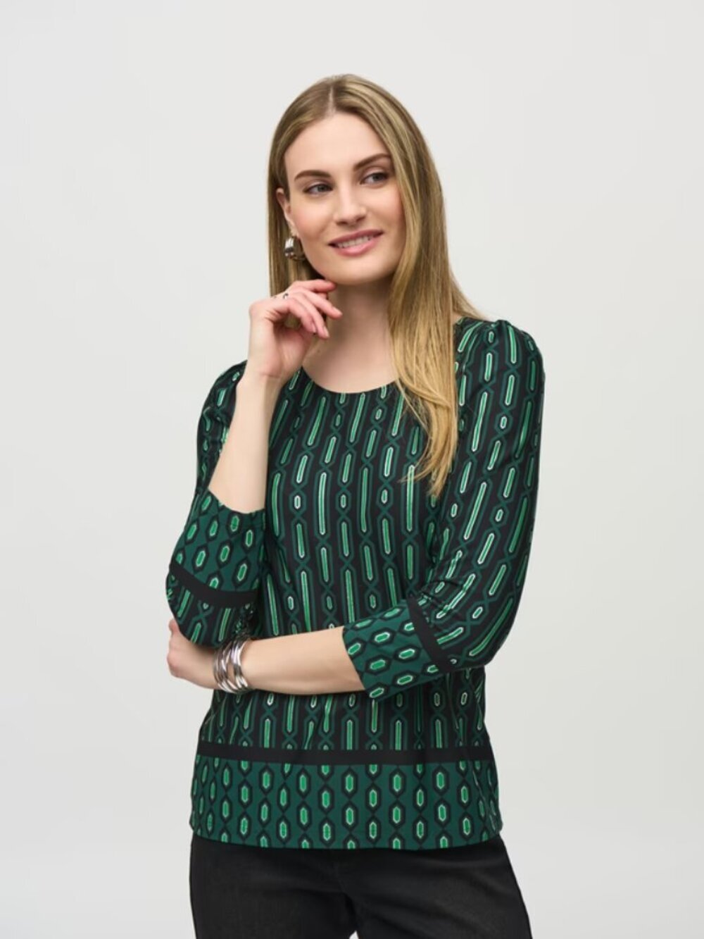 Joseph Ribkoff Black Green Geometric Print Long Sleeve Scoop Neck Sz 12